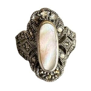 Vtg Silver Ring with Mother of Pearl Oval Stone Filagree Deco MCM